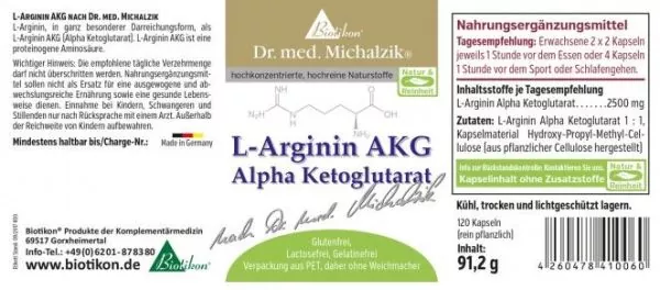 Etikett Biotikon L Arginin AKG Alpha-Ketoglutarat Kapseln